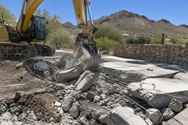 Heavy machinery breaking apart a thick concrete driveway during excavation in Paradise Valley, AZ.