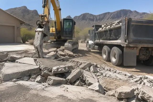 Heavy machinery breaking concrete driveway and loading debris in Apache Junction, AZ.