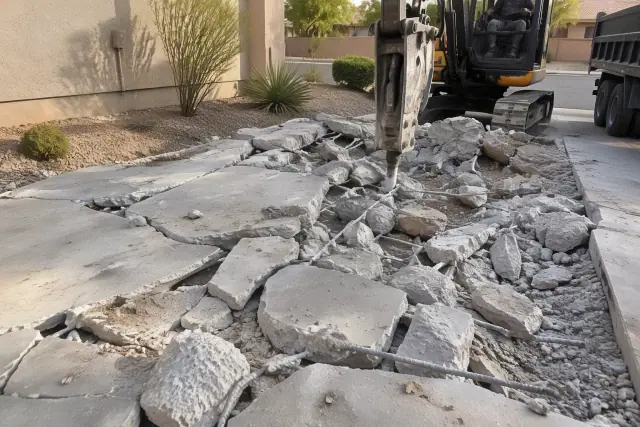 Fractured gray concrete fragments and exposed rebar on a driveway in Mesa, AZ.
