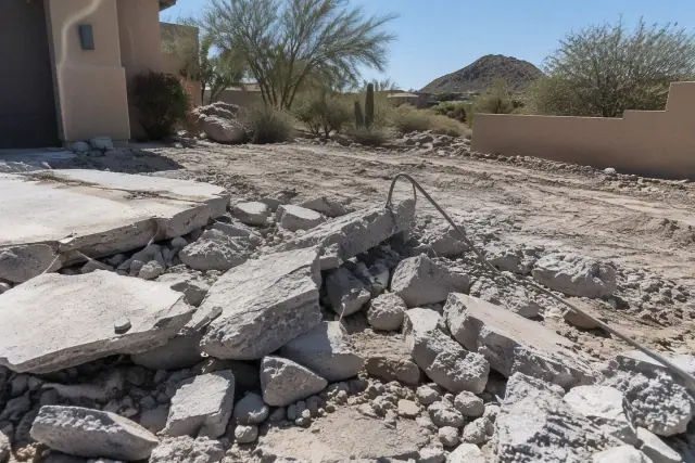 Concrete demolition and removal work showing fractured concrete and exposed rebar in Fountain Hills, AZ.