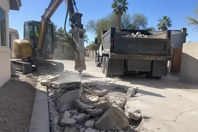 Heavy machinery breaking concrete driveway and loading debris into a dump truck in Phoenix, AZ.
