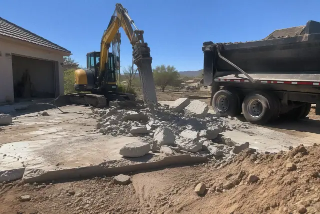 Heavy machinery breaking up a reinforced concrete driveway for excavation in San Tan Valley, AZ.