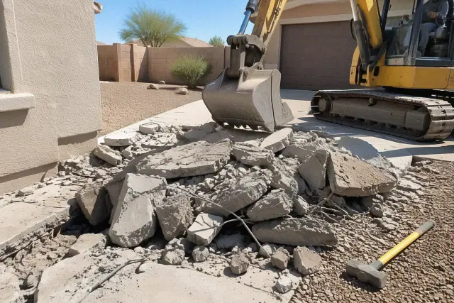 Heavy machinery breaking up driveway concrete and rubble in Chandler, AZ.