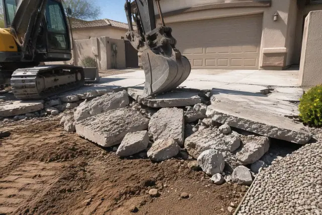 Heavy machinery breaking up driveway concrete for excavation in Gilbert, AZ.