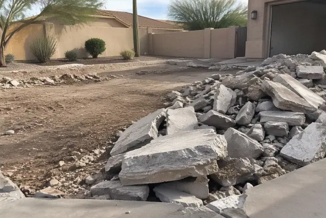 Fractured grey concrete rubble piled next to a sub-base during a project in Queen Creek, AZ.