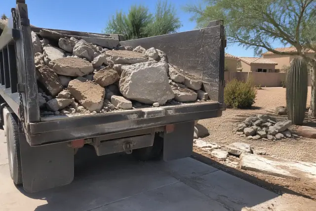 Broken concrete aggregate loaded in a haul truck during a residential demolition in Mesa, AZ.