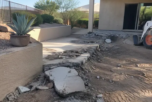 Concrete removal before regrading at a residential property in Mesa, AZ, showing fractured slab edges and a stucco wall.