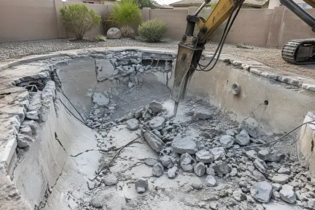 Hydraulic breaker demolishing an empty concrete swimming pool in Mesa, AZ.