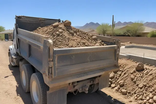 Dirt, rock, and fill hauling for site preparation and grading at a residential project in Mesa, AZ.