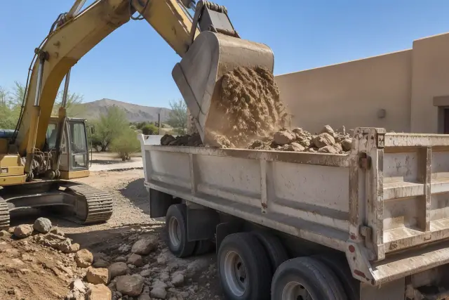 Excavator dumping stone and earth into a haul truck bed on a jobsite in Mesa, AZ.