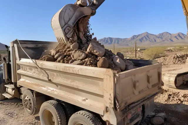 Excavator dumping stone and earth into a haul truck bed in Apache Junction, AZ.