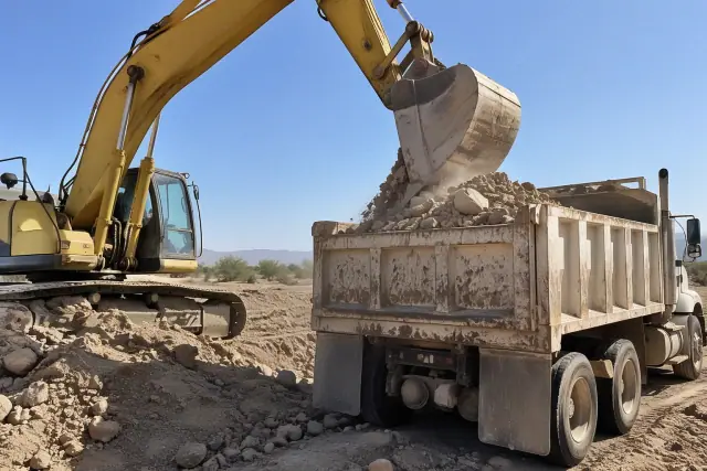 Excavator dumping heavy stone and earth into an industrial haul truck in Queen Creek, AZ.