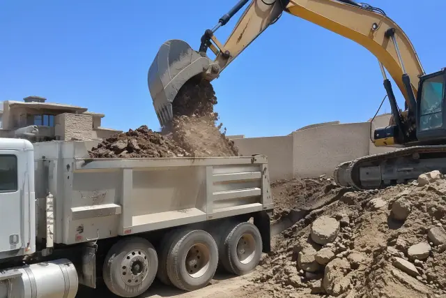 Excavator loading stone and earth into a haul truck in Paradise Valley, AZ.