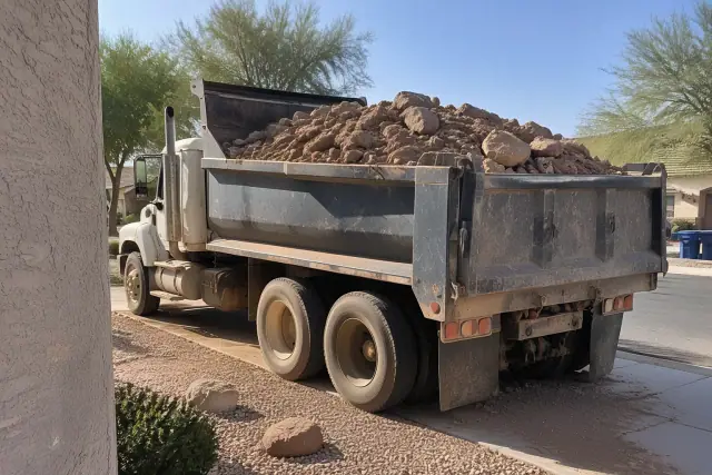 Industrial haul truck loaded with stone and earth for a pool excavation project in Mesa, AZ.