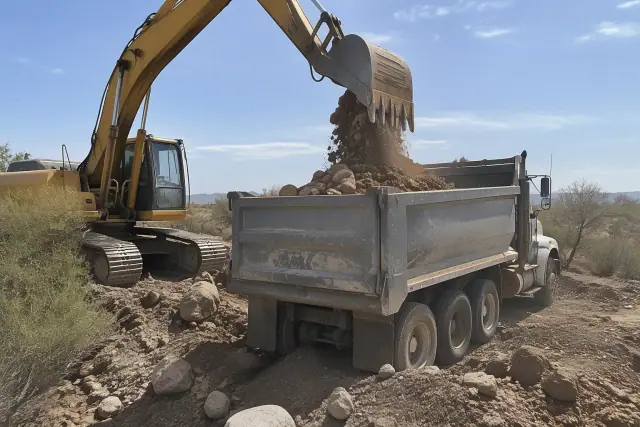 Excavator loading heavy stone and earth into an industrial haul truck in San Tan Valley, AZ.