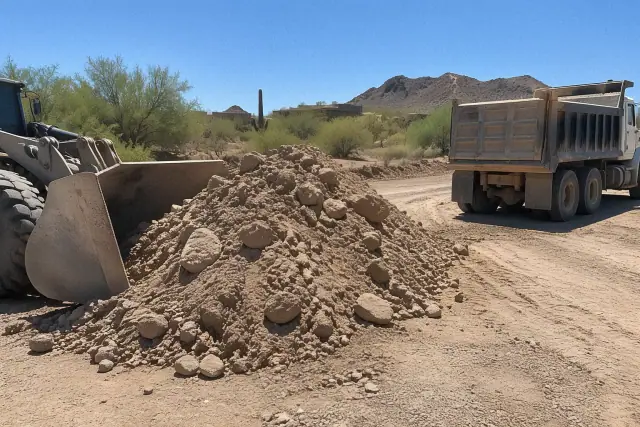 Piles of earth and stone ready for removal at an excavation site in Scottsdale, AZ.