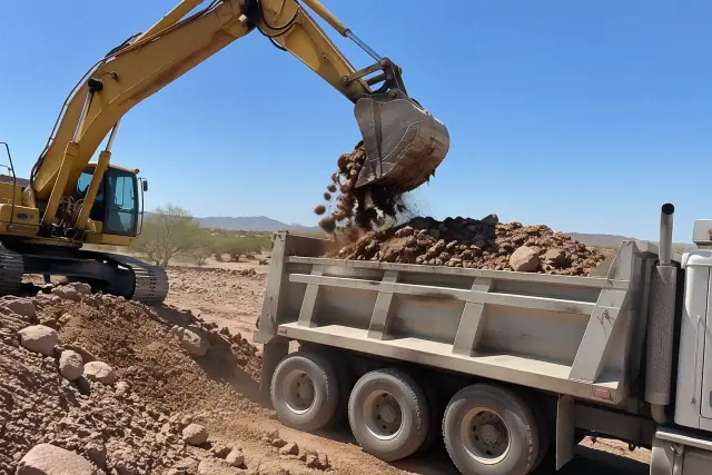 Excavator loading rock and earth into a haul truck at a job site in Gilbert, AZ.