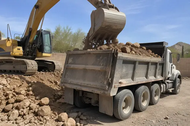 Excavator dumping heavy stone and earth into an industrial haul truck on a jobsite in Phoenix, AZ.