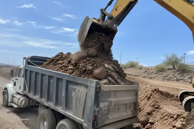 Excavator dumping stone and earth into a haul truck in Tempe, AZ.
