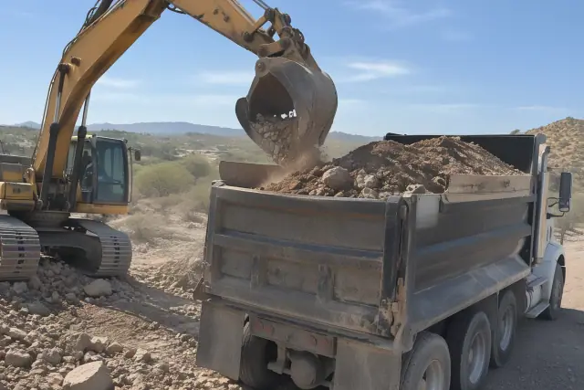Excavator dumping stone and earth into a haul truck on a jobsite in Fountain Hills, AZ.