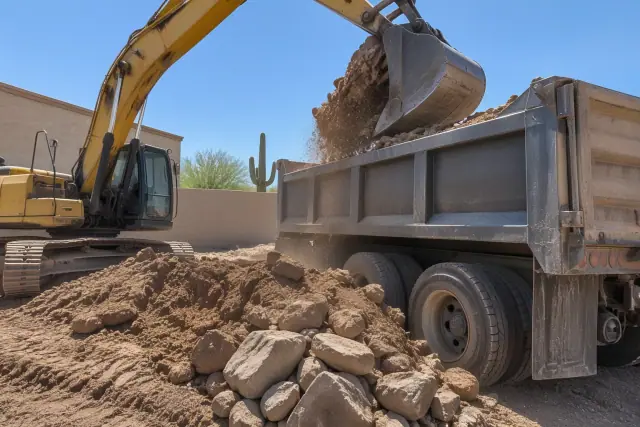Excavator loading heavy stone and dirt into a haul truck in Chandler, AZ.