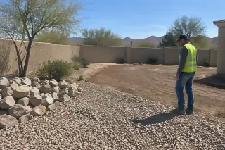 Service professional inspecting hauled aggregate and cleared soil during a final walkthrough in Mesa, AZ.