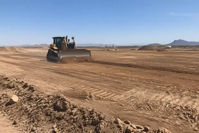 Dozer grading dry earth on a sprawling jobsite in Mesa, AZ.