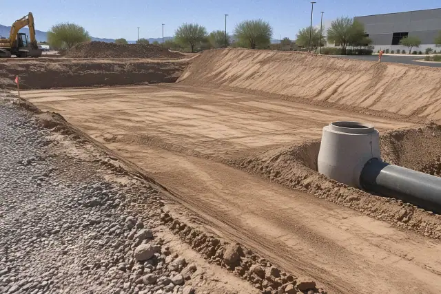 Contractor progress photo of utility trenching excavation in Mesa, AZ, showing freshly graded caliche clay dirt.