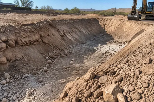 Drainage and retention excavation at a job site in Mesa, AZ, showing fresh earthen slopes and caliche soil.