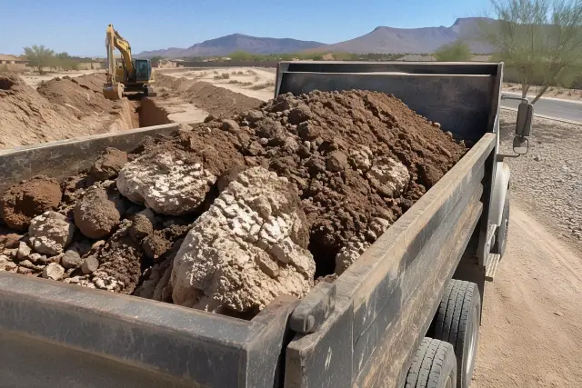 Heavy haul truck bed filled with damp excavated earth and trench stone in Mesa, AZ.