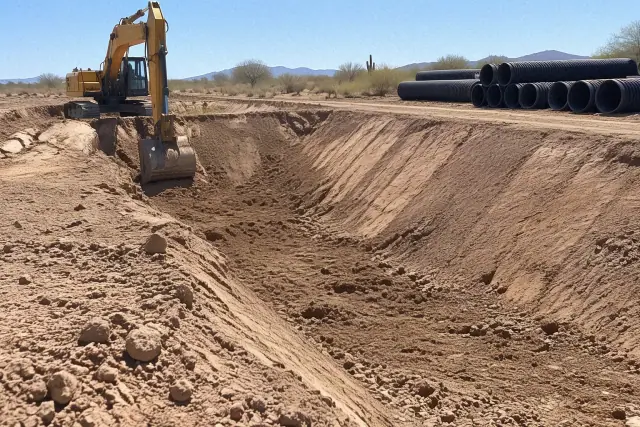 Tracked excavator digging a sloped drainage trench for an underground stormwater system in Queen Creek, AZ.