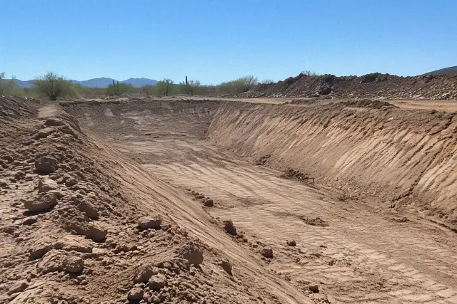 Freshly graded earthen slopes and excavated soil banks for a drainage retention basin in Apache Junction, AZ.