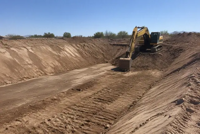 Tracked excavator digging a wide sloped trench in arid desert soil in Phoenix, AZ.