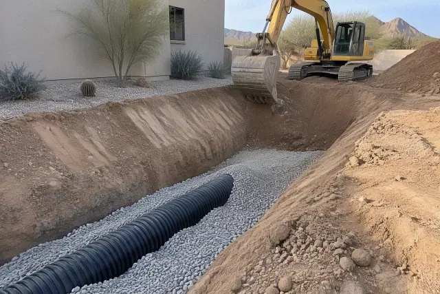 Tracked excavator digging a sloped trench for a stormwater detention system in Scottsdale, AZ.