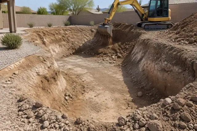 Tracked excavator digging a drainage trench in a residential yard in Mesa, AZ.