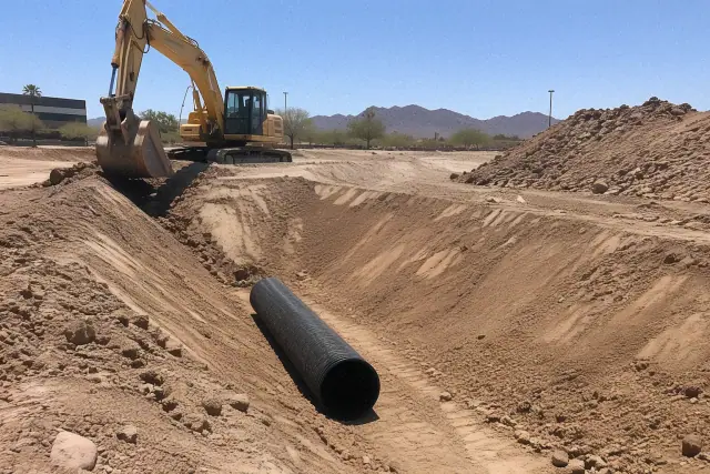 Tracked excavator digging a trench for a stormwater detention system in Tempe, AZ.