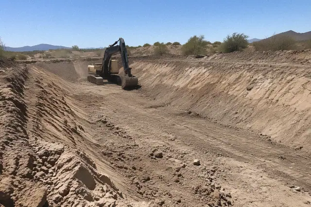 Tracked excavator digging a wide drainage trench in San Tan Valley, AZ.