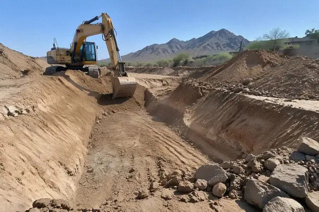 Tracked excavator digging a sloped trench for a stormwater detention system in Paradise Valley, AZ.