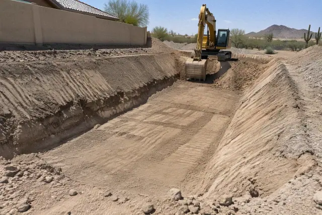 Tracked excavator cutting a sloped trench in a Mesa, AZ retention excavation site with desert soil.