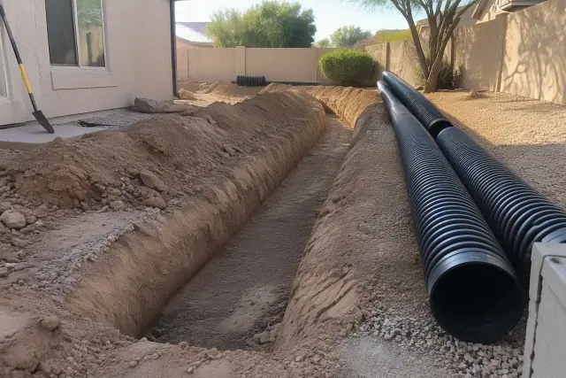 Drainage and retention excavation for site preparation in Mesa, AZ, showing sloped earth and corrugated pipe.