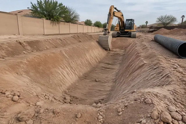 Tracked excavator digging a trench for a stormwater retention system in Gilbert, AZ.