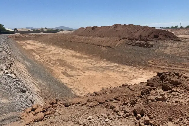 Freshly graded earthen basin slopes and soil piles during a drainage excavation project in Chandler, AZ.