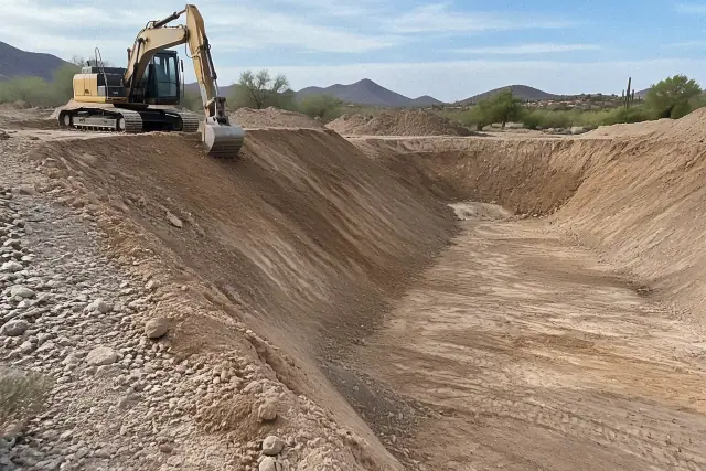 Tracked excavator digging a drainage and retention excavation trench in Fountain Hills, AZ.