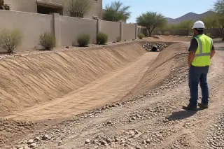 Service professional observing finished drainage grading and cleared earth in Mesa, AZ.