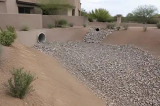 Sloped gravel retention basin with solid pipe inlets at a Mesa, AZ property.