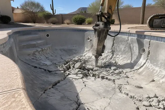 Hydraulic breaker demolishing a cracked gunite pool shell in a Mesa, AZ backyard.