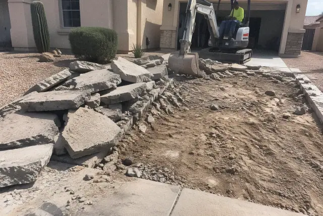 Concrete driveway removal and demolition in progress at a home in Mesa, AZ.