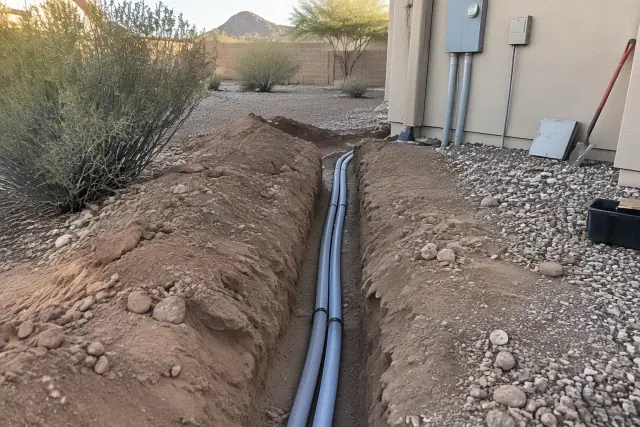 Grey PVC electrical conduit in a trench at a residential property in Mesa, AZ.