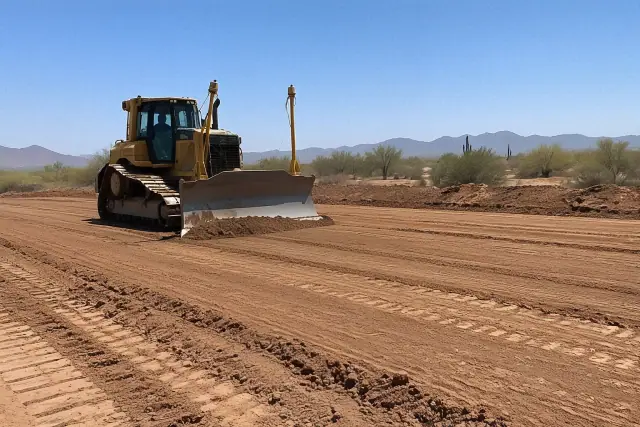 Bulldozer leveling a compacted earthen pad for a new foundation in Mesa, AZ.