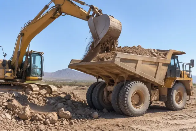 Excavator dumping soil into a haul truck in Mesa, AZ.